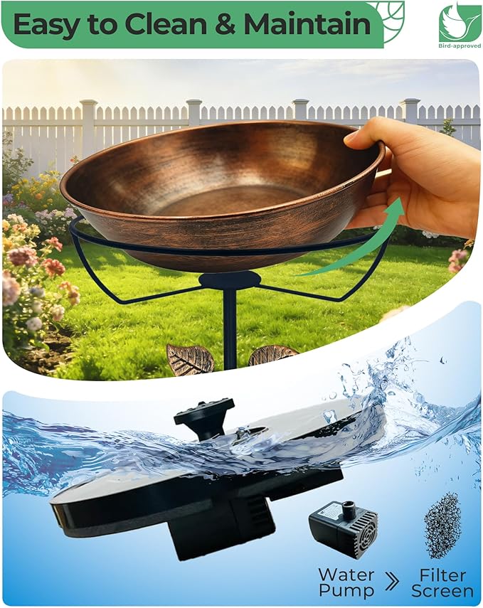 Metal Bird Bath with Solar Fountain - 13" Outdoor Birdbath Bowl + 6.3" Solar Pump with Battery LED Lights & with 4 Fixed Rods | Garden Bird Bath for Yard, Lawn, Patio, Flowing Water Feature