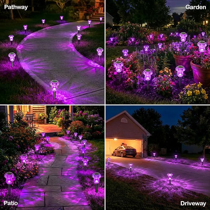 Solar Halloween Lights Outdoor 8 Pack Purple Mushroom Pathway Decor | LED Waterproof Halloween Decorations for Garden Yard Driveway Garden Walkway Path Landscape Lawn Lighting