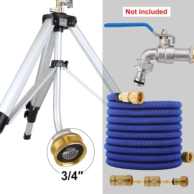 Sprinklers for Yard on Tripod, 2 Pack Heavy Duty 360 Degree Impact Lawn Sprinklers for Yard and Gardens, Adjustable Base with Sprinkler Head Nozzle and 3/4" NH Inlet Hose Connection