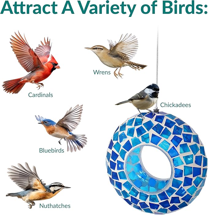 Sunnydaze 6-Inch Glass Mosaic Hanging Bird Feeder for Outdoors - Fly-Through Glass Bird Feeder for Cardinals, Jays, Finches and More - Blue Mosaic
