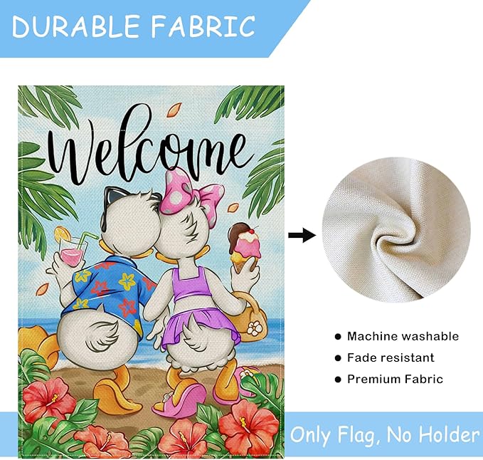 Selmad Welcome Summer Cartoon Duck Decorative Garden Flag, Beach Coastal Hibiscus Flower Tropical Home Yard Outdoor Decor, Hawaii Nautical Seasonal Small Outside Decoration Double Sided 12 x 18