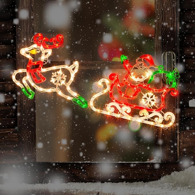 50L Lighted Christmas Sculpture,Including: Deer x1,Santa and Sleigh x1， for Holiday Indoor and Outdoor Wall Door Christmas Window Decorate