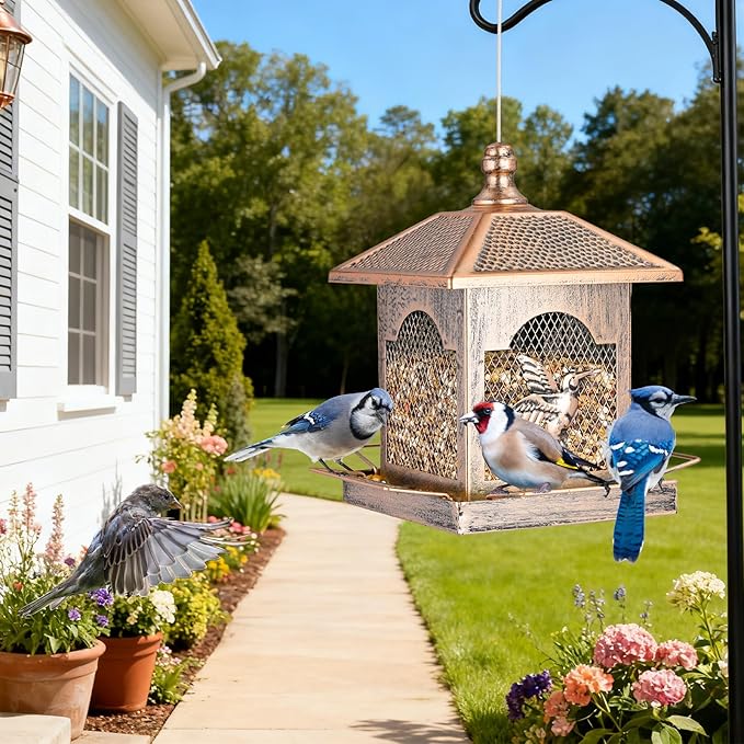 LBTING Bird Feeder for Outside, Metal Square Lantern-Shaped Bird Feeder with Polka Dot Patterned Roof, Wild Bird Feeders for Hanging Outdoor Garden Yard