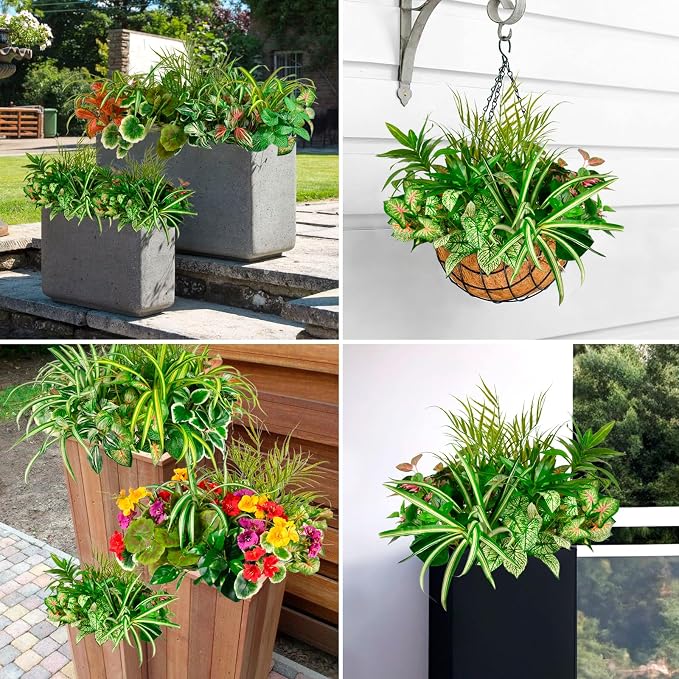 Artificial Plants Outdoor Greenery Stems, 11PCS Faux Greenery Bushes UV Resistant Plastic Shrubs with Real Touch Flexible Leaves, Fake Plants for Planter Garden Patio Porch Window Box Fence Yard Decor