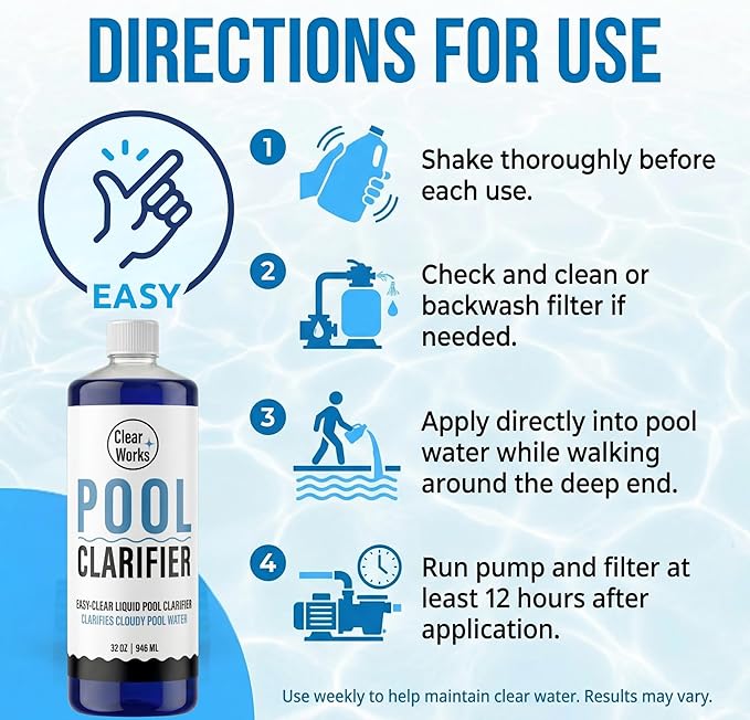 Pool Clarifier, Water Clarifier for Pool, Pool Water Clarifier for Above Ground & Inground Pools, 1 Quart (32 fl oz), Clears Cloudy Pool Water, Chlorine & Saltwater Compatible