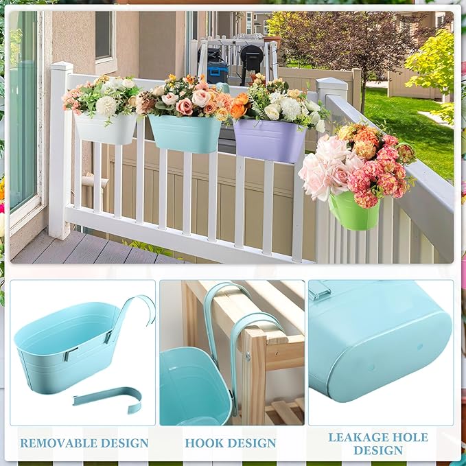 Hushee 12 Pcs Metal Railing Planters with Drainage Holes, Hanging Flower Pots with Detachable Hooks, Pastel Color Iron Fence Bucket Planters for Balcony, Porch, Garden, Deck Outdoor Decor