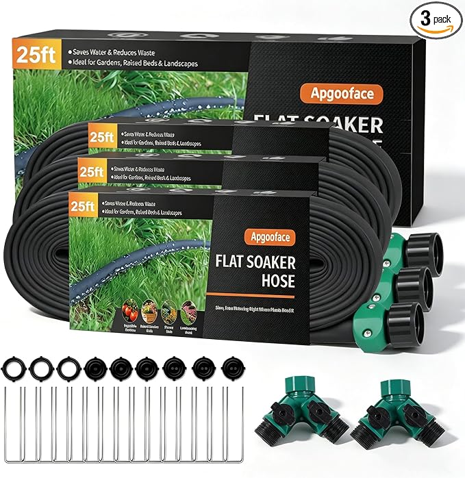 Flat Soaker Hose 25 ft 3-Pack with Splitter, 80% Water-Saving Drip Irrigation Hose 75 ft, Linkable DIY Garden Soaker Hose System for Garden Beds, Lawn, Vegetables & Trees (25ft 3-pack)