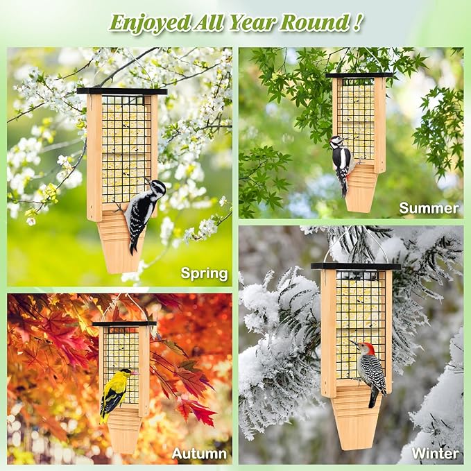 Gbekery Wooden Suet Bird Feeder for Outside Hanging, Large Woodpecker Suet Feeder with Tail Prop, Double Suet Cakes Hanging Bird Feeder for Wild Birds, 1 Pack, Black