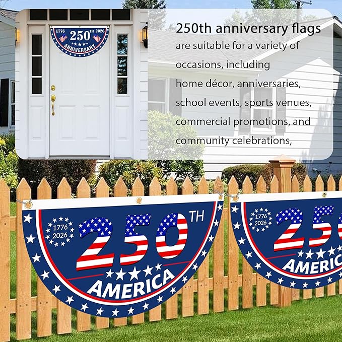 2PCS USA Anniversary 250th Flag, 1.5X3 FT Anniversary Fan Flags, Yard Signs Hanging Decor for Outdoor, Front Door, Porch, Welcome Backdrop with Brass Grommets (Style 3)