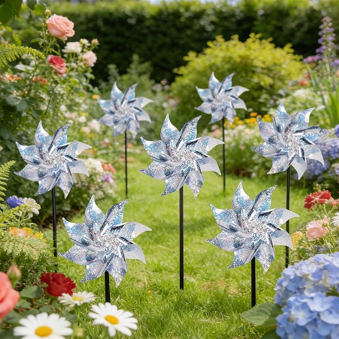 Hausse 12 Pack Reflective Pinwheels with Stakes (Pre-Assembled), Extra Sparkly Pin Wheel for Garden Decor, Bird Repellent Devices Deterrent to Scare Birds Away from Yard Patio Farm, Silver