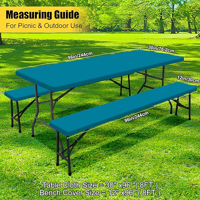 Smiry Picnic Table Cover with Bench Covers, Waterproof Elastic Fitted Polyester Tablecloths for 8 Ft Rectangle Tables, Washable Windproof Tablecloth for Camping, RV & Outdoor (Turquoise, 30x96 Inches)