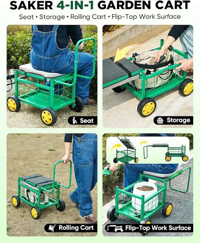 Saker Rolling Garden Cart with Seat & Wheels - 15.7'' EVA Padded Rolling Stool, 500 lb Steel Frame, Large Storage Basket - Garden Wagon Workseat for Patio Lawn Yard (Basic Version)