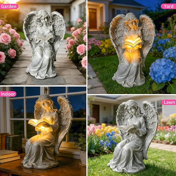 Solar Angel Book Statue, Waterproof Resin Outdoor Yard Garden Decor | Auto solar 7.5in reading angel figurine, warm LED glow, UV-resistant resin for indoor & outdoor decor