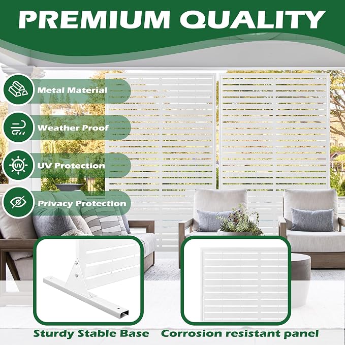 PROLEE Metal Privacy Screen with Stand 72" x 44", Privacy Panels Outdoor, Decorative Fence Screen for Patio Screen Freestanding, Outdoor Privacy Panels for Deck, Porch and Balcony, White
