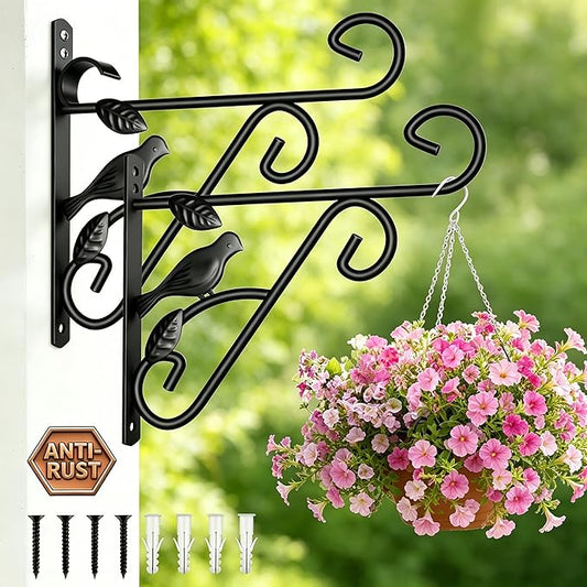 AMAGABELI GARDEN & HOME 2 Pack Hanging Plant Hanger Outdoor 10 inch Metal Hanging Brackets Fence Wall Hooks for Flower Baskets Bird Feeders Lanterns Wind Chimes Rust-Resistant Black
