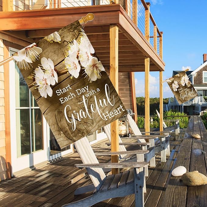 Mugod Start Each Day with A Grateful Heart Burlap House Flag 28x40 Inch Double Sided, Pink Floral Branches Large Yard Flag for Outdoor Farmhouse Holiday Decoration