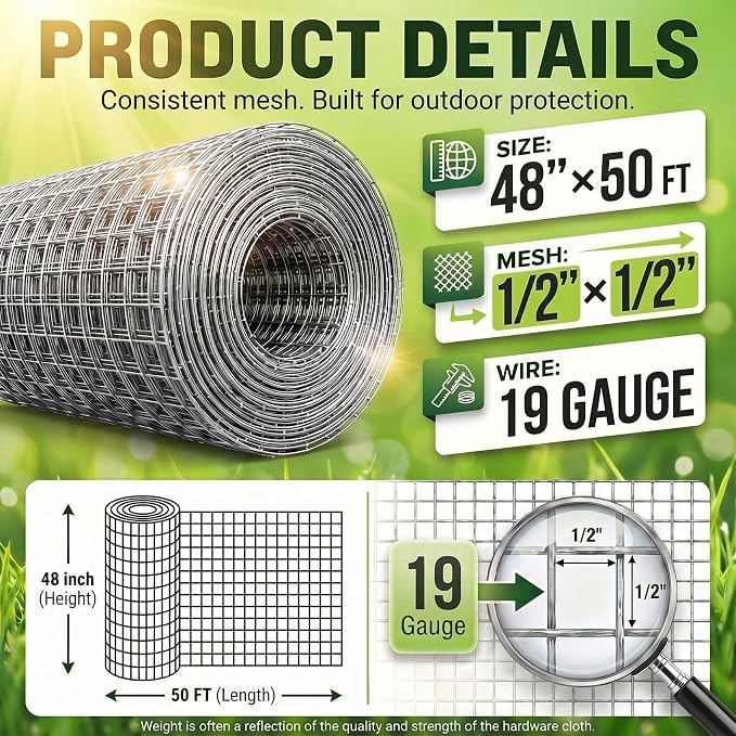 48'' x 50' Hardware Cloth 1/2 inch 19 Gauge - Hot-dip Galvanized After Welding, Chicken Coop Wire Fence Wire Mesh Screen, Rabbit/Snake Fences, Netting Wire Cloth Galvanized Wire Mesh Roll