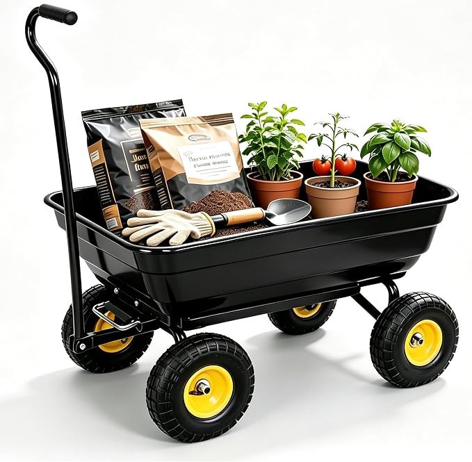 Heavy Duty Garden Dump Cart - 600lbs Load Capacity, 10" All-Terrain Wheels, Quick-Release System, Durable Poly Bed, 180° Rotating Handle, Yard Cart for Landscaping, Farm, and Outdoor Work