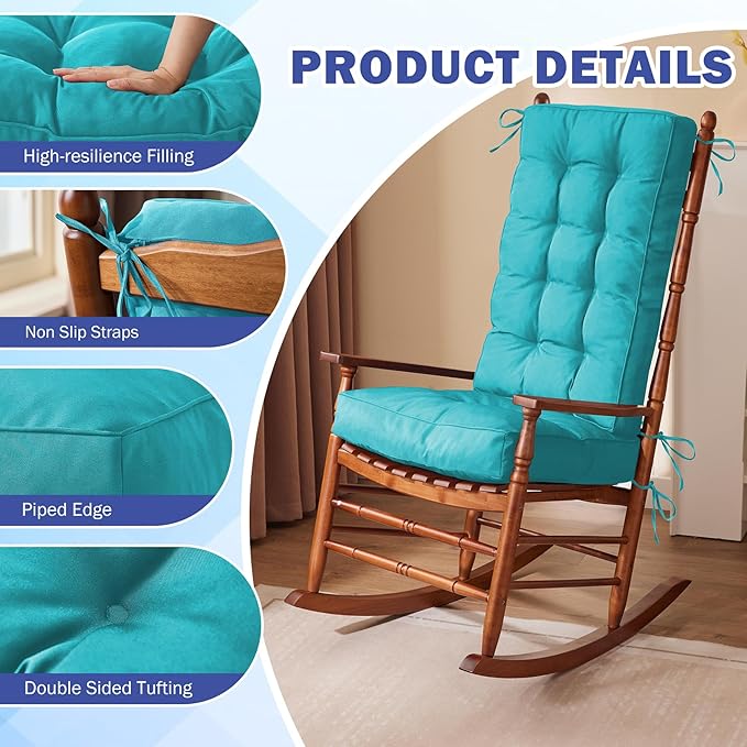 IPYNBAP Rocking Chair Cushion, Waterproof and Fade-Resistant Patio Chair Cushions, Tufted Chair Pads for Rocker Furniture, 18x18 Inch, Indoor/Outdoor Seat Cushions with Ties, Teal Blue