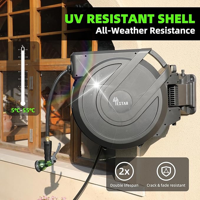 Retractable Garden Hose Reel 1/2 in x130 ft, Heavy Duty Wall Mounted Hose Reel with 7- Function Sprayer Nozzle, Any Length Lock/Automatic Slow Return System,180° Swivel Bracket