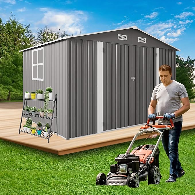 KEIKI 10x8 FT Outdoor Metal Storage Shed with Vent,Window and 2 Swing Door,Sloped Roof for Patio Backyard Bicycles