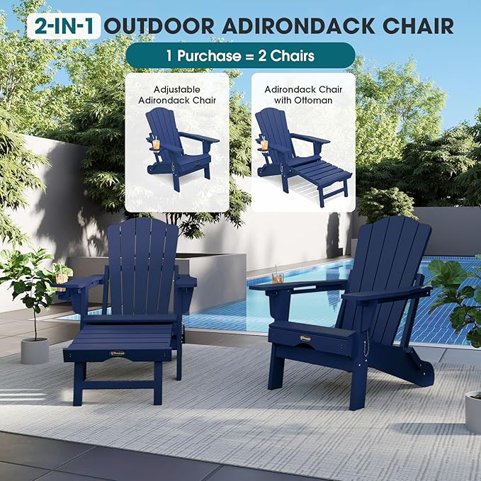 THOEOE Folding Adjustable Adirondack Chairs with Ottoman & 1 Cup Holders Set of 2, HDEP Multifunctional Adirondack Chair with Footrest,Navy Blue