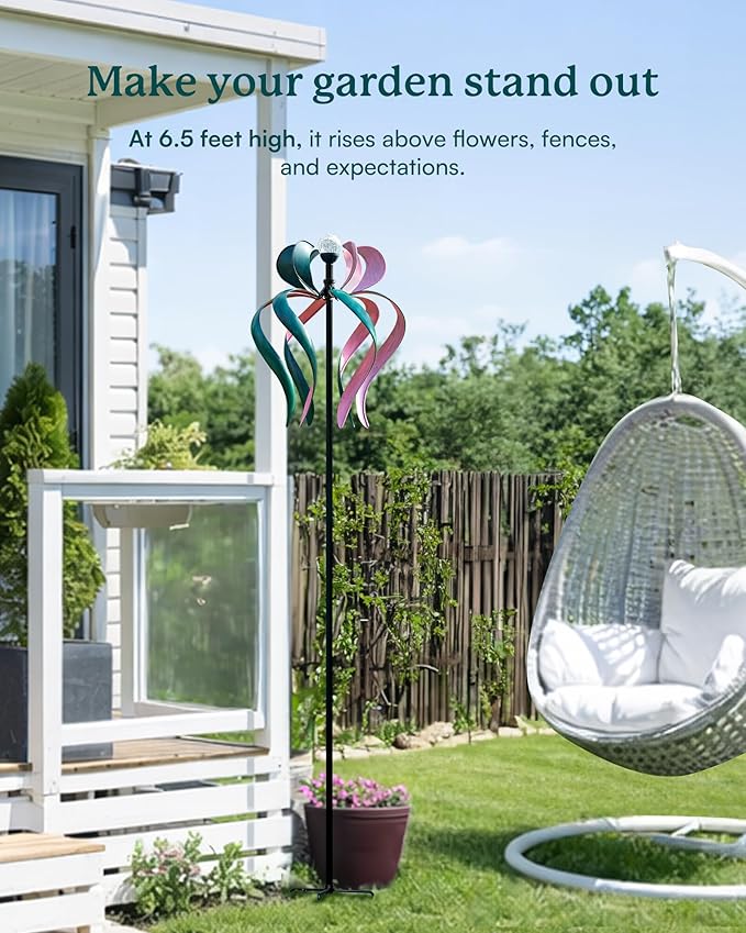 89" Wind Spinner Outdoor with Solar Light, Extra Large Metal Kinetic Wind Sculptures Spinners, Windmill for Garden Yard Patio Lawn Decor -Dancing Ribbon (20" W x 89" H)