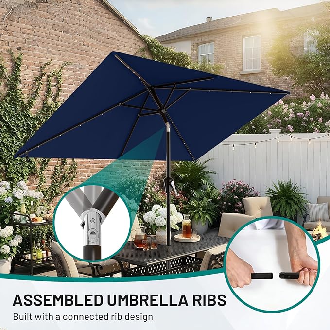 AreShark 6.5' x 10' Rectangular Patio Umbrella with Solar Lights, Solar Powered Lighted Market Umbrella w/Tilt and Crank, Outdoor Table Umbrella for Garden, Deck, Backyard, Pool and Beach, Navy