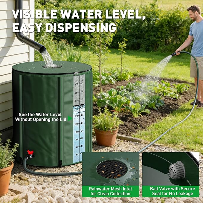 Yesker Collapsible Rain Barrel, 53 Gallon Portable Rainwater Collection System, 550D PVC Water Storage Tank, Rain Catcher with Spigots Filter Overflow Kit, Green