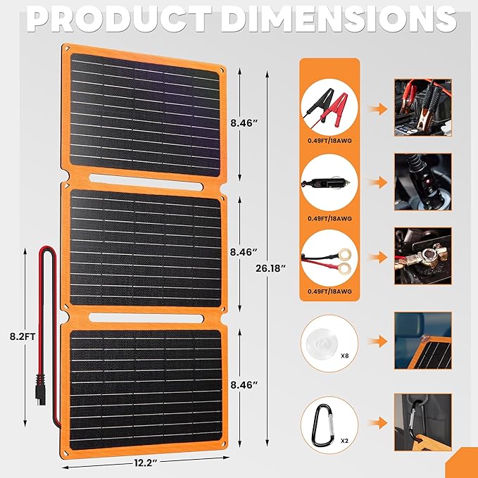 FieryRed 30W 12V Solar Panel Car Battery Charger & Maintainer, Portable Waterproof Trickle Charger with Built-in Controller, Cig Plug, Alligator Clips, USB-C, USB-A Outputs for Car, Boat, RV, Tractor