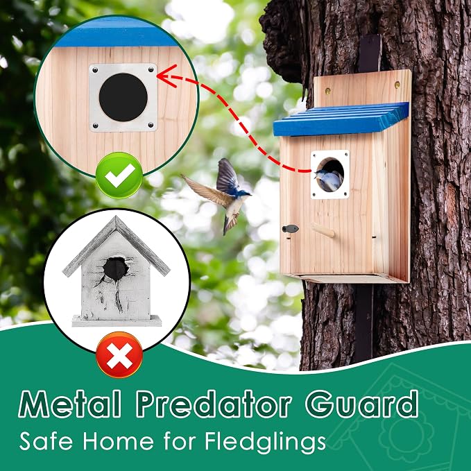 Dreyoo 3 Pack Bluebird Houses for Outside, 1-1/2'' Entrance Hole Wooden Bluebird Houses for Outdoors with Metal Guard, Secure Latch, Fledgling Grooves, Air Vents (Blue Roof with Wood Body)