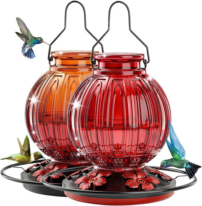 2 Pack Glass Hummingbird Feeder for Outdoors Hanging, Bird Nectar Feeder with Perch & 5 Flower Feeding Ports, 26 Oz Leak Proof for Outside Garden Decor Backyard, Gifts for Women Mom, Red + Orange Red