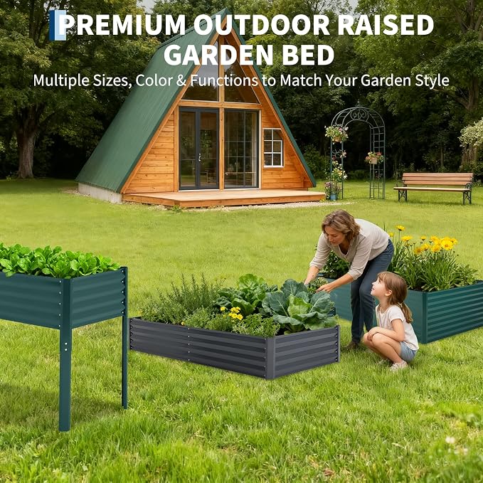 Garvee Galvanized Raised Garden Bed Large Rectangular Kit with Cover Zippered Screen Doors, Open Base Design, Thick Steel, Easy Assembly, Planter Box for Vegetables, Flowers