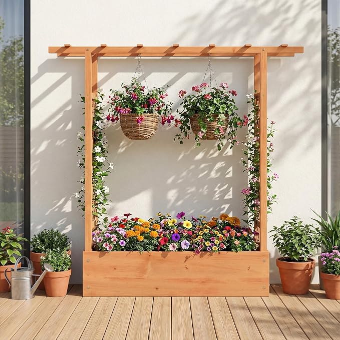 HAPPYGRILL Raised Garden Bed with Trellis & Hanging Roof, 45" Tall Wooden Planter Box with Drainage Holes, Outdoor Wood Elevated Garden Bed for Climbing Plants Vines Vegetables Flowers (Orange,1)