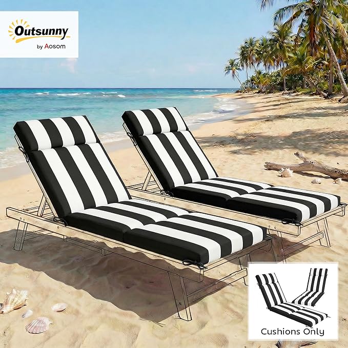 Outsunny Outdoor Chaise Lounge Cushions Set of 2, Chaise Lounge Cushions with 6 Ties, High-Density Foam, 72 x 21.1 x 2.6 Inch Water-Repellent and UV-Resistant for Patio, Poolside, Black and White