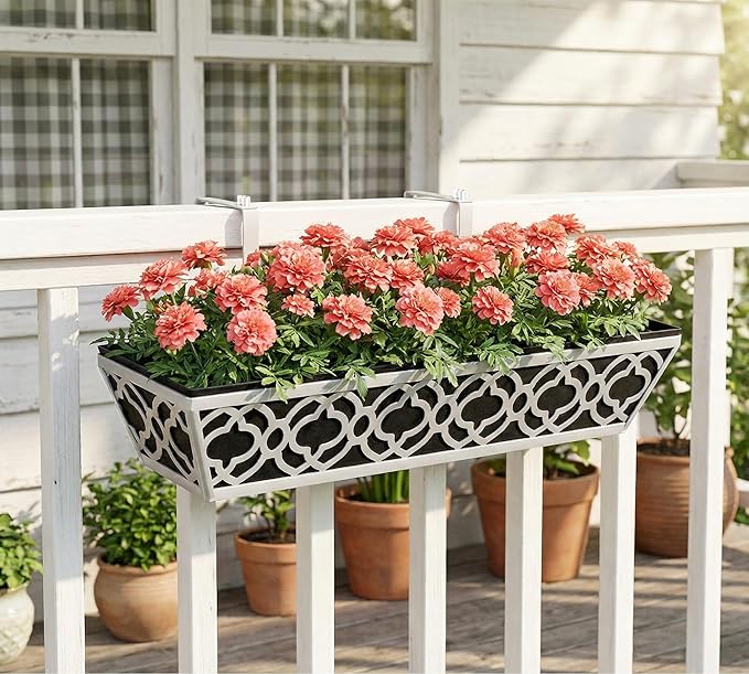 Y&M 2Pcs 24'' Railing Planter Box Set with Black Non-Woven Fabric Liner, Flower Boxes with Adjustable Brackets, Large Metal Hanging Window Boxes for Fence, Deck, Balcony, and Garden