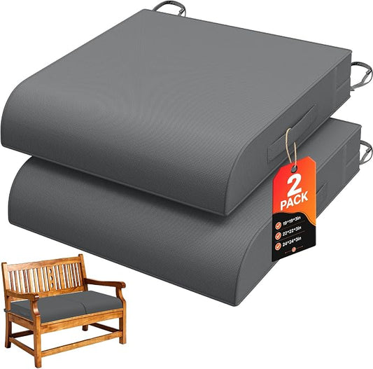 TasticTotes 22 x 22 x 3 Inch Patio Chair Cushions - Set of 2, Waterproof Outdoor Seat Cushions with Adjustable Straps and Handles, Fade-Resistant Dinning Pads for Outdoor Furniture, Garden, Bay, Grey