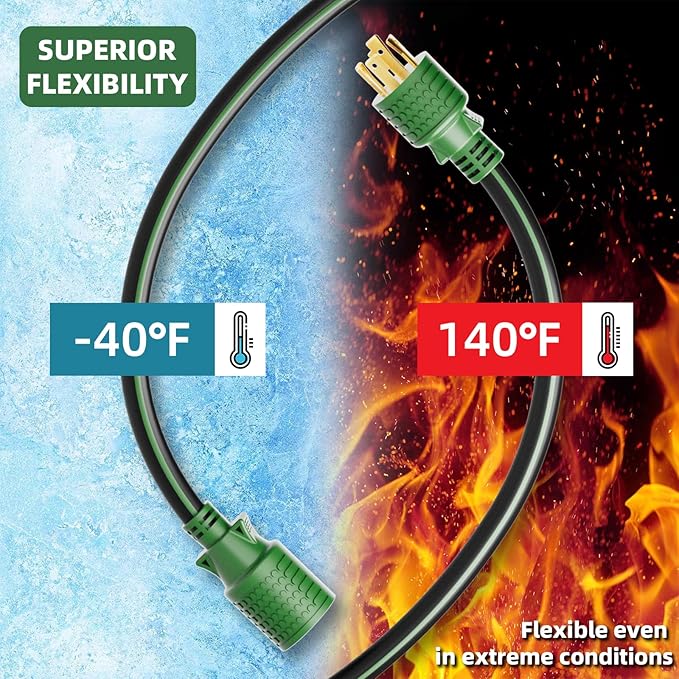4 Prong 30 Amp Extension Generator Cord 40FT, NEMA L14-30P/L14-30R, 125/250 Volt Up to 7500 Watts, 10 Gauge SJTW Twist Lock Power Cord for Manual Transfer Switch, Black&Green, ETL Listed