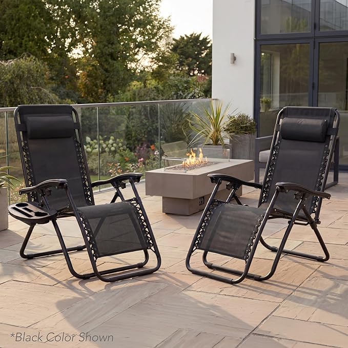 Best Choice Products Set of 2 Adjustable Steel Mesh Zero Gravity Lounge Chair Recliners w/Pillows and Cup Holder Trays - Marigold Striped