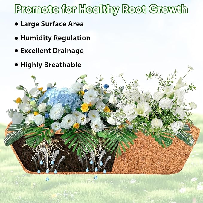 LCHUANG Deck Railing Planter Window Box - 3 Pack 24 Inch Deck Balcony Rail Planter with Coconut Coir Liner, Fence Metal Hanging Flower Planter Basket Deck Railing Planter Boxes for Outdoor Lawn
