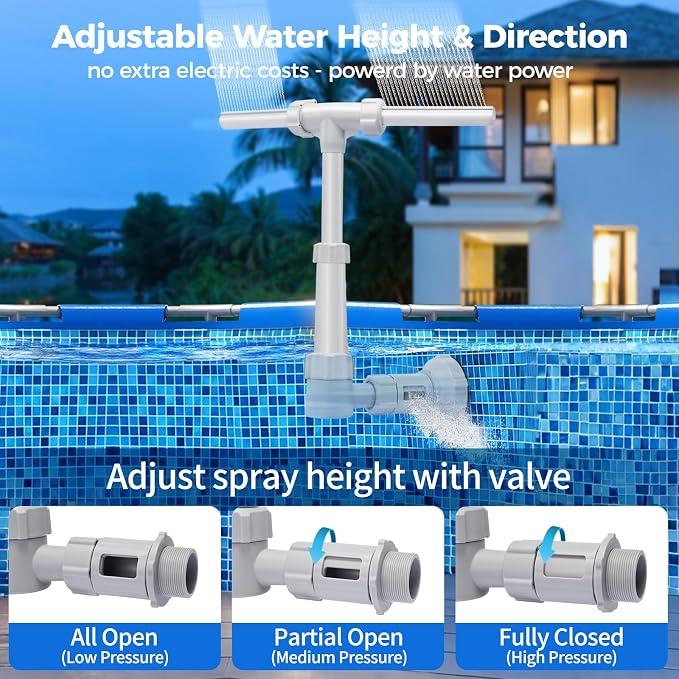 KLLEYNA Dual Spray Pool Fountains for Above-Inground Swimming-Pool - Telescopic 15-22" Pipe Height, Summer Waterfall Cooler Improve Circulation,Pool Sprinkler Decor Adjustable Pressure (Light Gray)