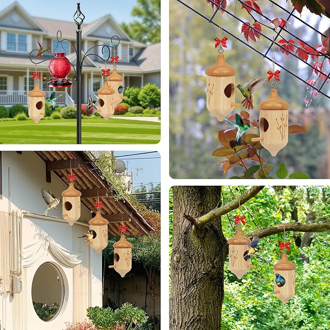 Hummingbird House, Small Wooden Hummingbird House for Outdoors, Cute Bird House with Bow & Hanging String, Garden Decor & Gift