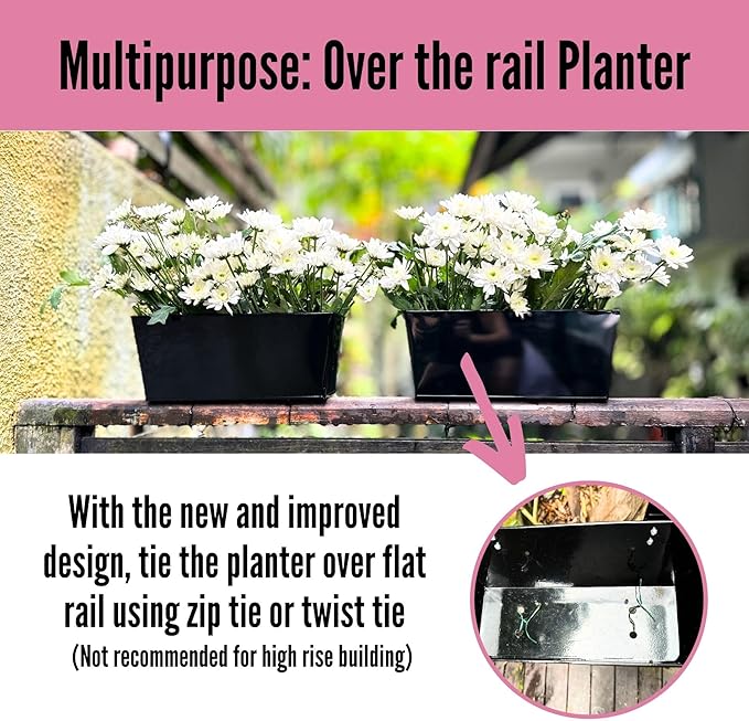 LaLaGreen Rail Planters (6 Pack, 14 Inch) Black Metal Rectangle Strawberry Window Boxes Outdoor Balcony Deck Railing Fence Hanging Flower Herb Pot with Detachable Hook Patio Porch Farmhouse Minimalist