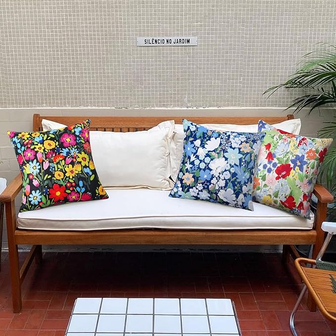 Adabana Spring Outdoor Waterproof Floral Pillow Covers Set of 2 Square Colorful Couch Cushion Cases 16x16 Inch Waterproof Decorative Pillows for Patio Garden Beach,Black