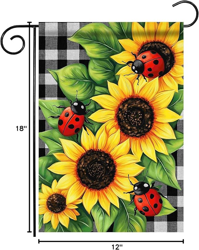 Morigins Spring Garden Flag Double Sided Ladybug Sunflower Flower Buffalo Plaid Farmhouse Yard Flag Summer Seasonal 12.5×18 inch