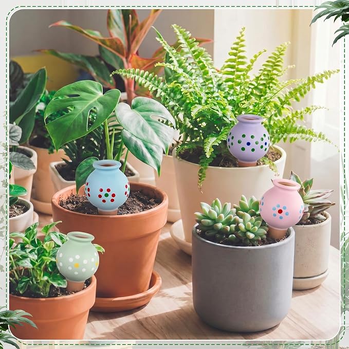 Domensi 4 Pack Terracotta Plant Watering Devices, Self Watering Spikes, Polka Dot Wine Bottle, Automatic Insert System Decorative Stakes, Cute Plant Spikes for Indoor Outdoor Plants