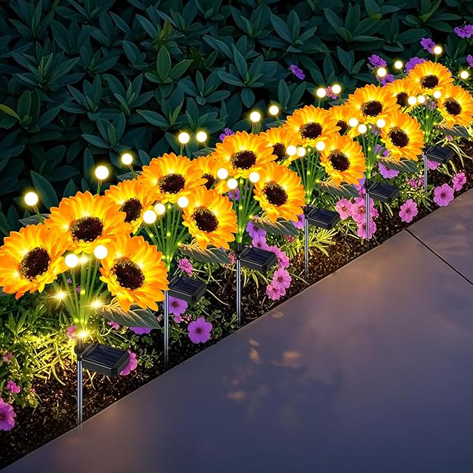 EDOF 6 Pack Sunflower with Firefly Lights,Solar Lights Outdoor Garden Decor,Solar Flowers Lights Waterproof,Sunflowers Birthday Gifts for Mom Women,Decorative Stakes Fairy Lights for Yard Patio Lawn