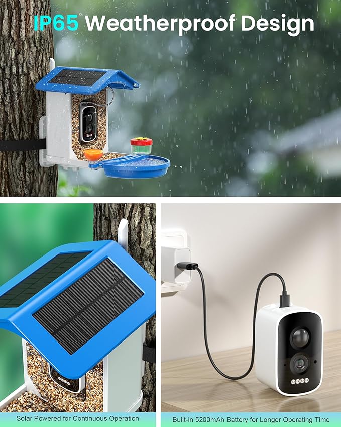 isYoung Smart Bird Feeder with Camera 2.5K QHD, AI Identify 16000+ Birds, Auto-Capture & Motion Detection, IP65 Waterproof, 5W Solar Panel, 140° Field of View, Bird Watching Gift