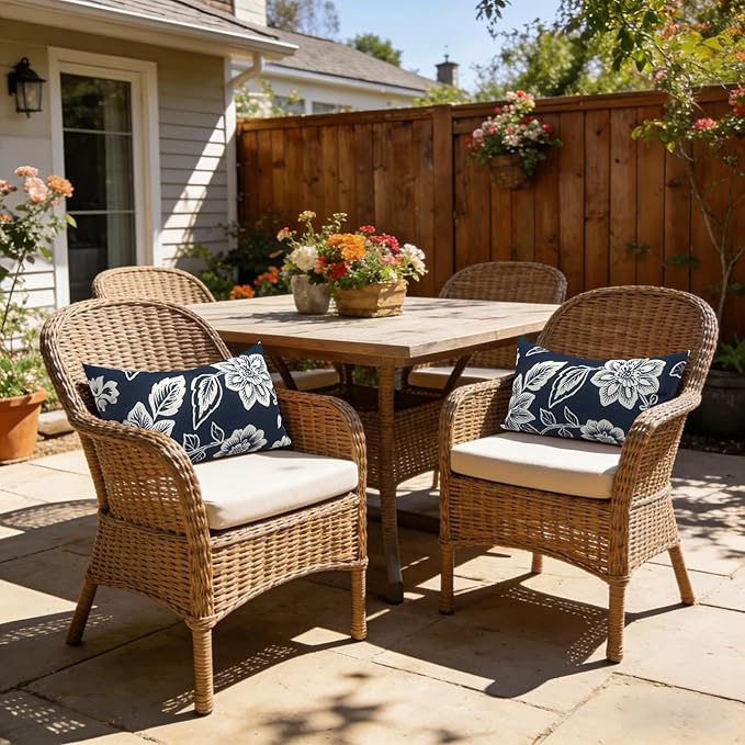 LVTXIII Outdoor/Indoor Lumbar Pillows, Decorative Patio Lumbar Cushions, Fluffy Water Repellent Garden Cushions for Home Patio Coach Sofa Use, 12×20 Inch, Pack of 2, Elegant Vines Navy