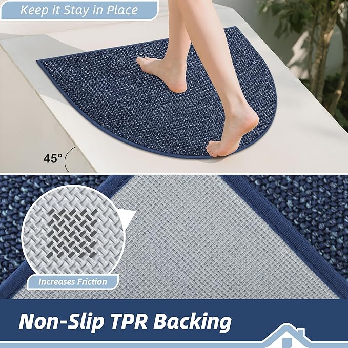 BEQHAUSE Dirt Trapper Door Mat 24" x 36" Half Circle Non-Slip Washable Doormats Entrance Rugs Absorbent Welcome Low Profile Floor Mats for Front Back Door and Entryway, Blue